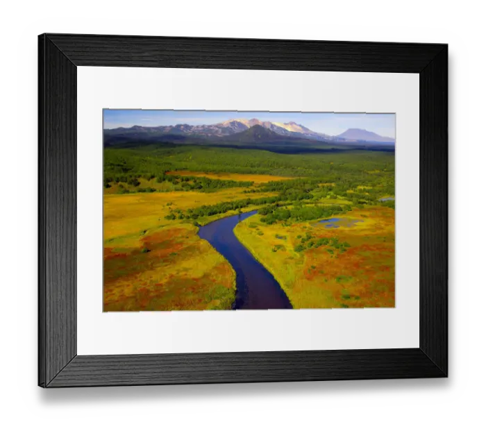 Framed Print : Aerial view of the Tikhaya River flowing through the colourful tundra in autumn. The Kikhpinich Framed Print : Aerial view of the Tikhaya River flowing through the colourful tundra in autumn. The Kikhpinich