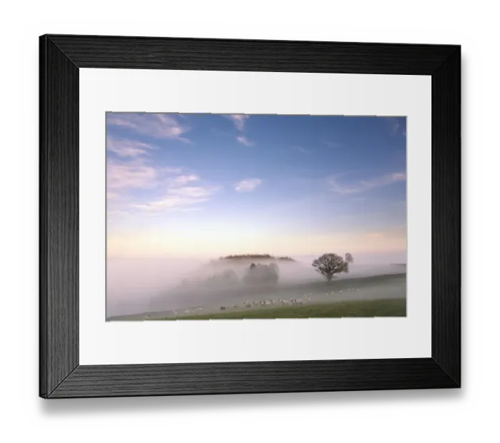 Framed Print : Temperature inversion causing hanging mist, nr. Birchover, Peak District National Park, England Framed Print : Temperature inversion causing hanging mist, nr. Birchover, Peak District National Park, England