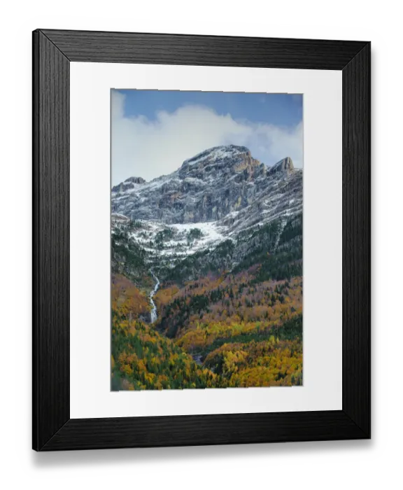 Framed Print : Bujaruelo Valley with stream and waterfall and snow above the tree line; mixed deciduous Framed Print : Bujaruelo Valley with stream and waterfall and snow above the tree line; mixed deciduous