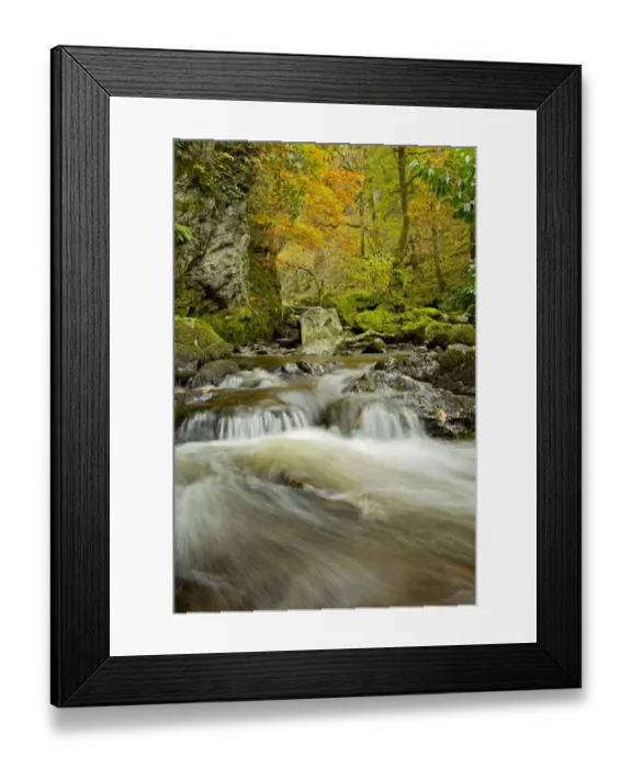 Framed Print : Water running over rocks, Lodore Falls, with autumnal trees in the background, Lake District Framed Print : Water running over rocks, Lodore Falls, with autumnal trees in the background, Lake District