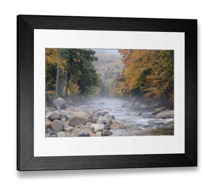Framed Print : River running through misty autumn forest, White Mountain National Forest, New Hampshire