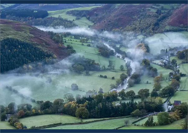 Autumn mist in Dee Valley (Dyffryn Dyfrdwy) near Llangollen, Denbighshire, Wales, UK