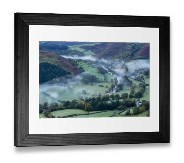 Framed Print : Autumn mist in Dee Valley (Dyffryn Dyfrdwy) near Llangollen, Denbighshire, Wales, UK Framed Print : Autumn mist in Dee Valley (Dyffryn Dyfrdwy) near Llangollen, Denbighshire, Wales, UK