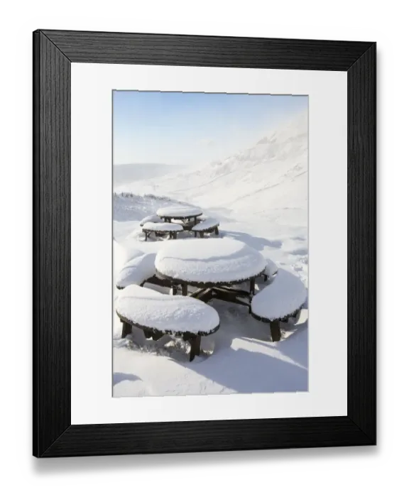 Framed Print : Picnic tables on the summit of Kirkstone Pass, plastered in fresh snow after overnight Framed Print : Picnic tables on the summit of Kirkstone Pass, plastered in fresh snow after overnight