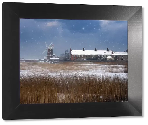 Cley Mill and Reedbed in winter snow storm, Norfolk, UK, February