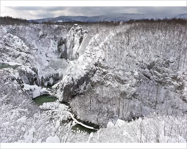Sastavci falls and Korana gorges, after snowfall in winter, Plitvice Lakes National Park