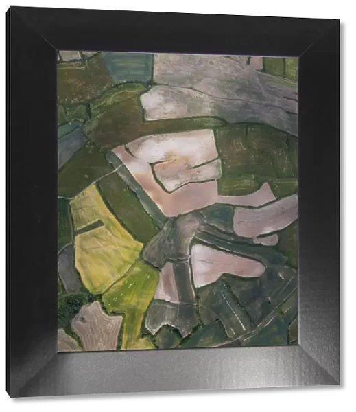 Agricultural landscape, mosaic of fields, aerial view. Cuestahedo, Merindad de Montija