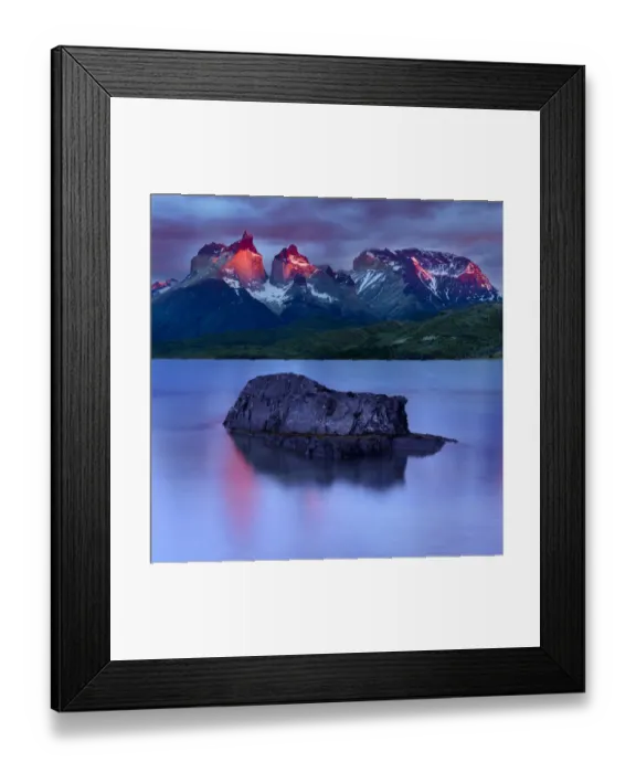 Framed Print : Central Massif and towers of Torres del Paine National Park at sunrise, island reflected Framed Print : Central Massif and towers of Torres del Paine National Park at sunrise, island reflected