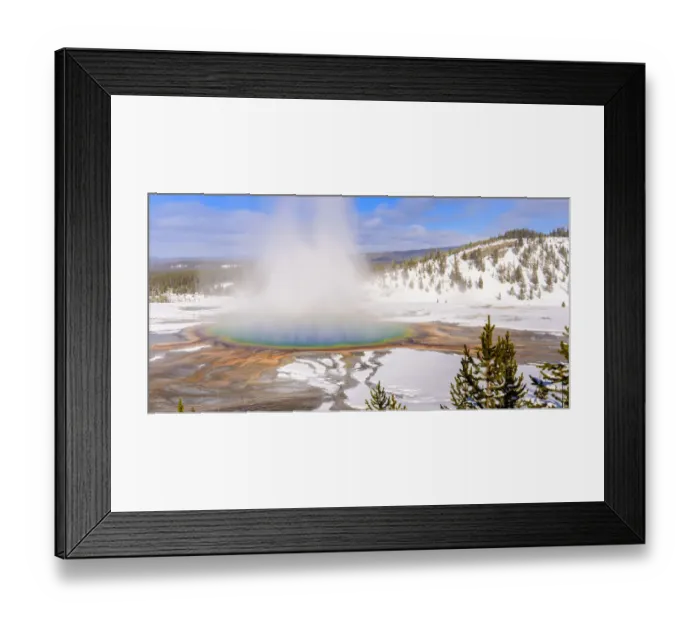 Framed Print : Steam rising from Grand Prismatic thermal pool in snow covered landscape. Midway Geyser Basin Framed Print : Steam rising from Grand Prismatic thermal pool in snow covered landscape. Midway Geyser Basin