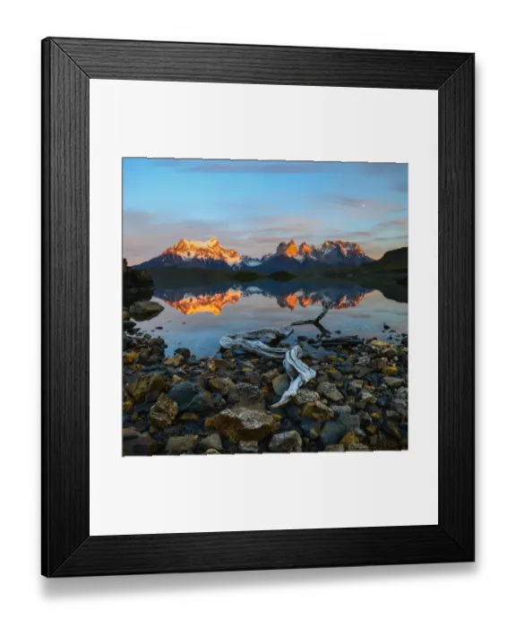 Framed Print : Towers and Central Massif reflected in Lago Pehoe at sunrise. Torres del Paine National Park Framed Print : Towers and Central Massif reflected in Lago Pehoe at sunrise. Torres del Paine National Park