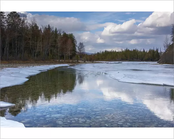 Barguzin River with ice in spring, Siberia, Russia. April 2016