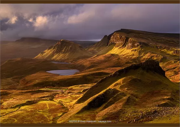 The Quiraing in golden morning light, eastern face of Meall na Suiramach