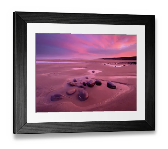 Framed Print : Westward Ho! beach at sunrise, colourful sky at low tide and tidal pool, north Devon, UK. February Framed Print : Westward Ho! beach at sunrise, colourful sky at low tide and tidal pool, north Devon, UK. February