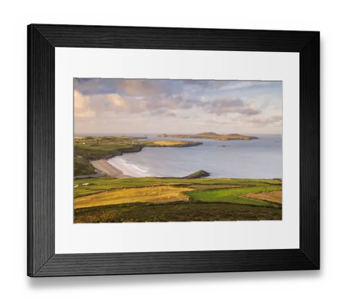 Framed Print : View over Whitesands beach toward Ramsey Island from Carn Llidi, early morning klight Framed Print : View over Whitesands beach toward Ramsey Island from Carn Llidi, early morning klight