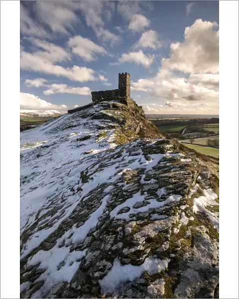 Brentor Church and moorland view after a dusting of snow, near Tavistock