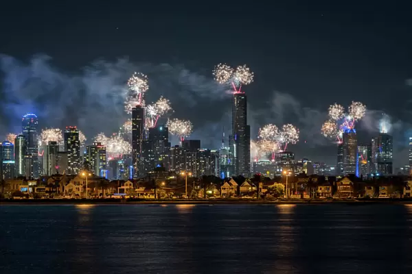 Fireworks over Melbourne city skyline for New Year celebrations