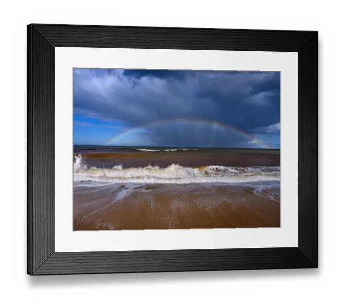 Framed Print : Autumn high tides with stormy skies and rainbow over the sea, Walcott, Norfolk, England Framed Print : Autumn high tides with stormy skies and rainbow over the sea, Walcott, Norfolk, England