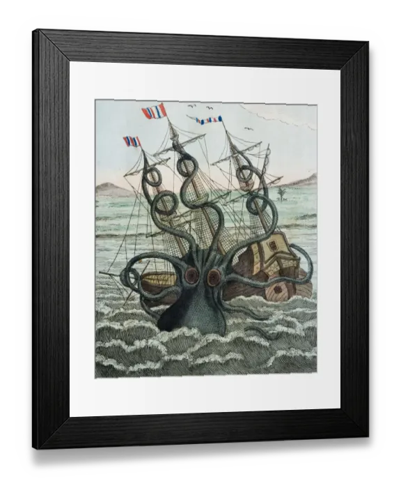 Framed Print : Illustration of Giant Octopus (Octopus dofleini) attacking a ship Framed Print : Illustration of Giant Octopus (Octopus dofleini) attacking a ship