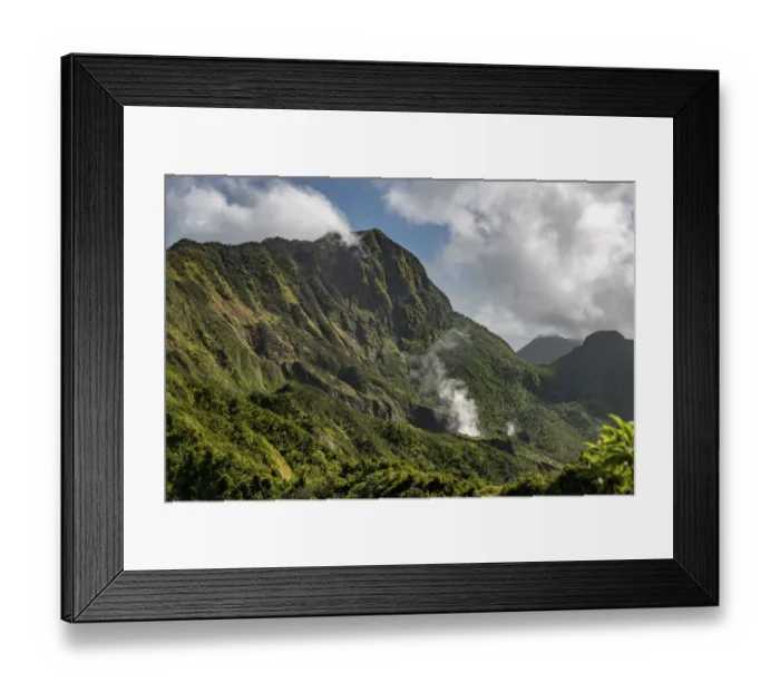 Framed Print : Steam rising from Boiling Lake, a sulphur lake surrounded by cloud forest on active Framed Print : Steam rising from Boiling Lake, a sulphur lake surrounded by cloud forest on active