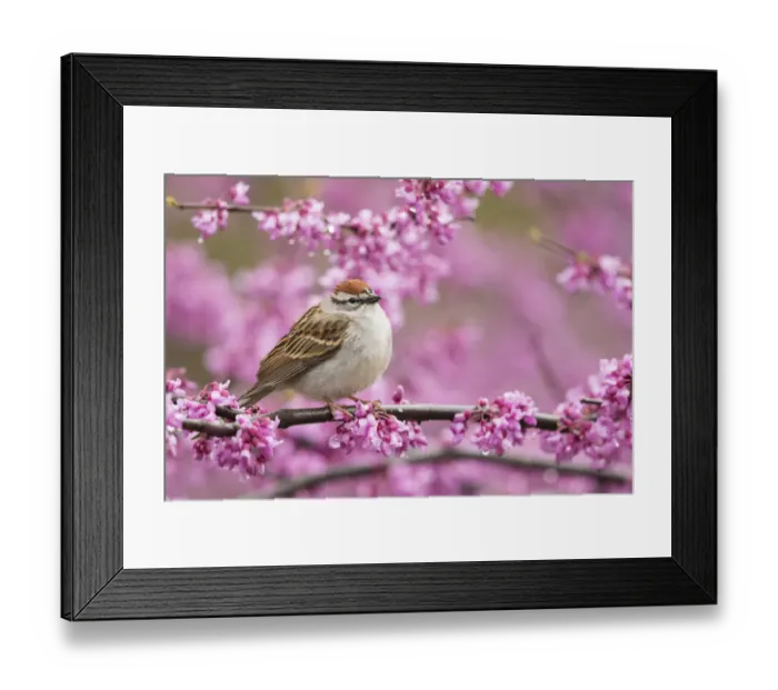 Framed Print : Chipping sparrow (Spizella passerina), adult perched in flowering eastern redbud in Framed Print : Chipping sparrow (Spizella passerina), adult perched in flowering eastern redbud in