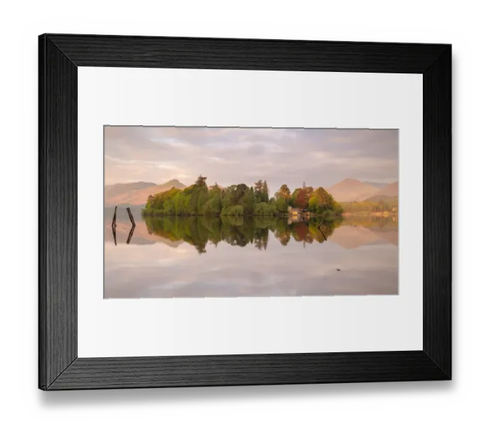 Framed Print : Derwentwater, posts and boathouse, early morning reflections Framed Print : Derwentwater, posts and boathouse, early morning reflections