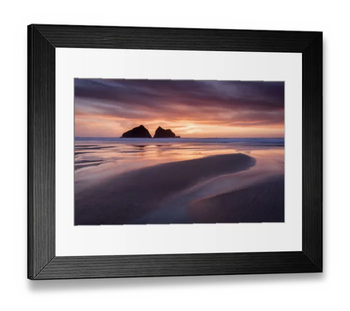 Framed Print : Holywell Bay at sunset, at low tide with Carters Rocks reflected in water Framed Print : Holywell Bay at sunset, at low tide with Carters Rocks reflected in water