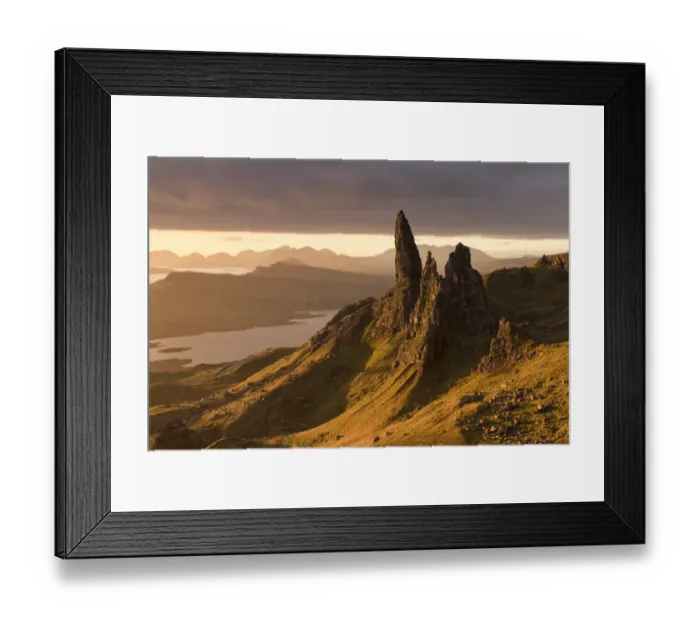 Framed Print : Old Man of Storr in morning light, view to Loch Leathan and mountains