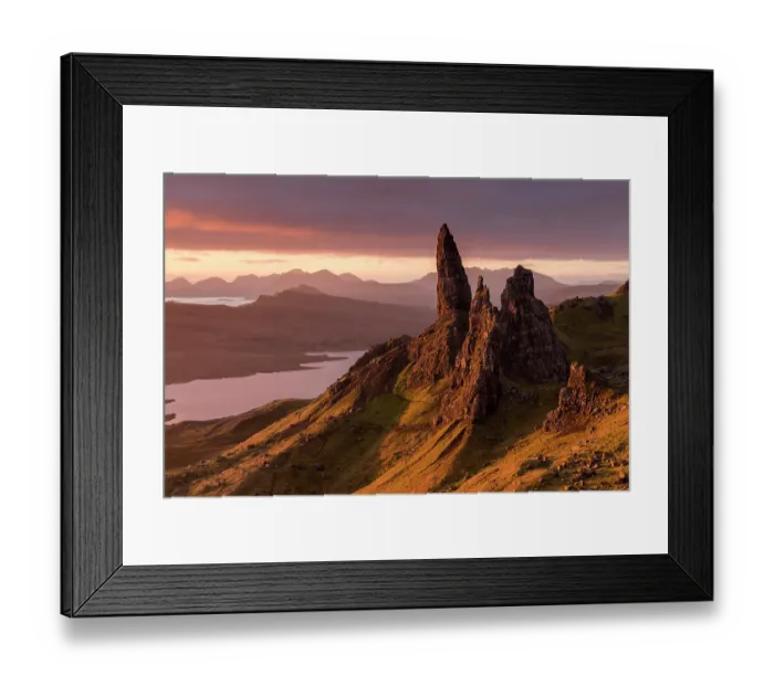 Framed Print : RF - The Old Man of Storr at sunrise, view down to Loch Leathan and mountains. Isle of Skye, Inner Hebrides, Scotland, UK. November 2017 Framed Print : RF - The Old Man of Storr at sunrise, view down to Loch Leathan and mountains. Isle of Skye, Inner Hebrides, Scotland, UK. November 2017