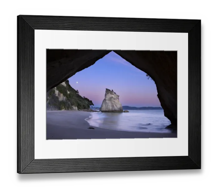 Framed Print : Moon over Cathedral Cove at dawn, near Hahei, Coromandel Peninsula, North Island Framed Print : Moon over Cathedral Cove at dawn, near Hahei, Coromandel Peninsula, North Island