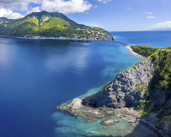 Aerial view of Scotts Head, Dominica, West Indies. On left side is Caribbean Sea
