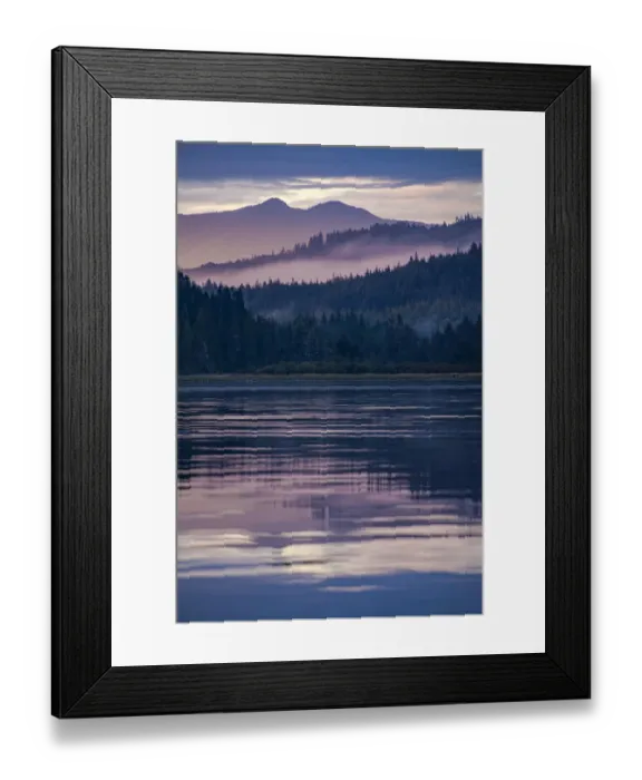Framed Print : Forested scenery, with hills, mist and protected waters Framed Print : Forested scenery, with hills, mist and protected waters