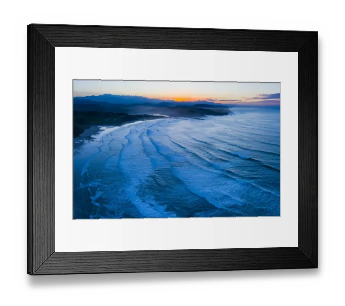 Framed Print : Aerial view of Gerra beach and sea at twilight, Oyambre Natural Park Framed Print : Aerial view of Gerra beach and sea at twilight, Oyambre Natural Park