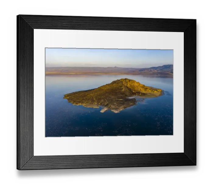 Framed Print : Aerial view of island and Lesser flamingo (Phoeniconaias minor) in lake Logipi Framed Print : Aerial view of island and Lesser flamingo (Phoeniconaias minor) in lake Logipi