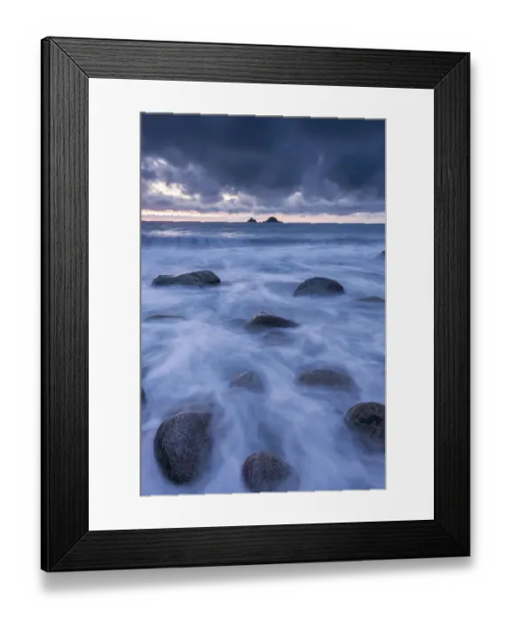 Framed Print : Porth Nanven at dusk, stormy sky and rising tide, The Cot Valley, St Just, Cornwall, UK Framed Print : Porth Nanven at dusk, stormy sky and rising tide, The Cot Valley, St Just, Cornwall, UK