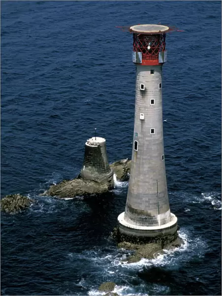 Eddystone Lighthouse marking the dangerous Eddystone Rocks off Rame Head in Cornwall