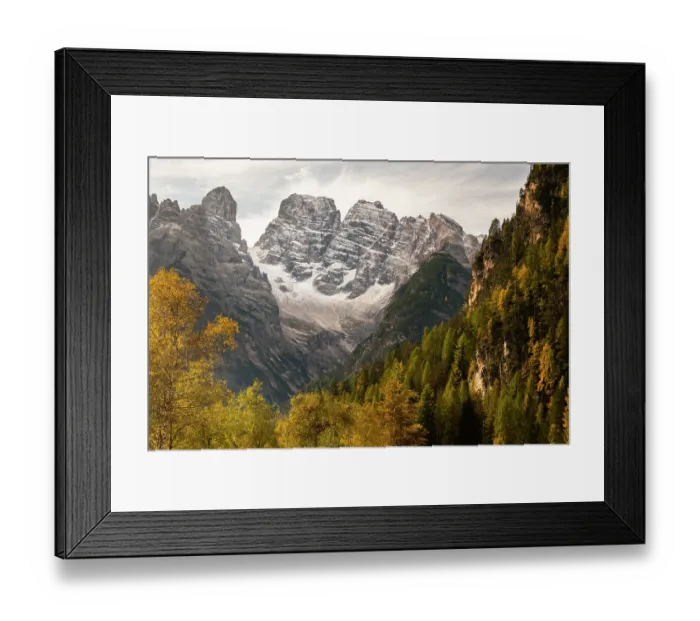 Framed Print : The Three Peaks and Monte Cristallo with autumn trees. Dolomites, Italy, October 2019 Framed Print : The Three Peaks and Monte Cristallo with autumn trees. Dolomites, Italy, October 2019