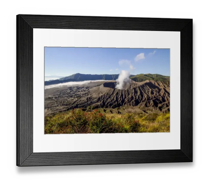 Framed Print : Smoke billowing from Mount Bromo volcano. View from the summit of Mount Batok Framed Print : Smoke billowing from Mount Bromo volcano. View from the summit of Mount Batok