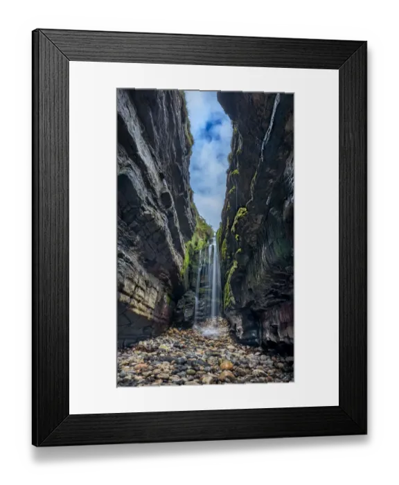 Framed Print : Waterfall in secluded coastal cave, near Largy, County Donegal, Ireland. September, 2021 Framed Print : Waterfall in secluded coastal cave, near Largy, County Donegal, Ireland. September, 2021