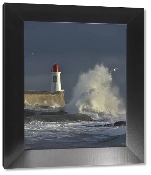 Waves breaking against port wall with lighthouse during storm, Vendee, France. December