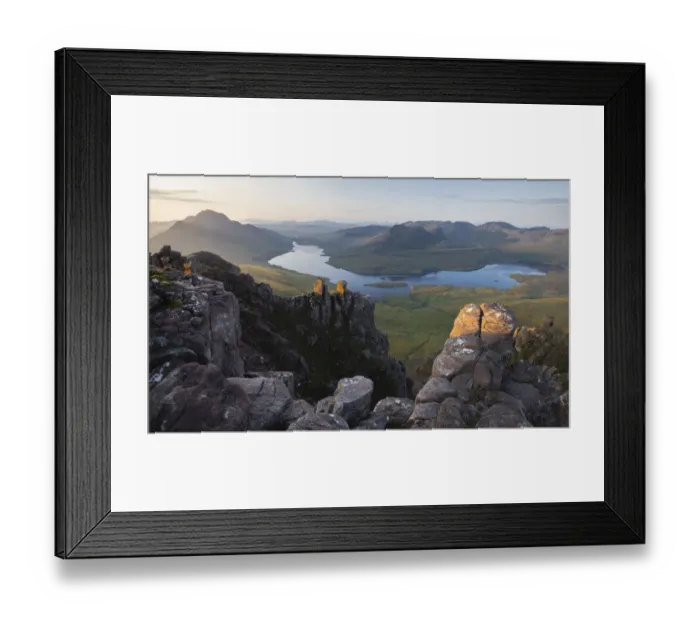 Framed Print : Summer sunrise looking towards Loch Lurgainn from Stac Pollaidh, Iverpolly, Highlands, Scotland. August, 2019 Framed Print : Summer sunrise looking towards Loch Lurgainn from Stac Pollaidh, Iverpolly, Highlands, Scotland. August, 2019