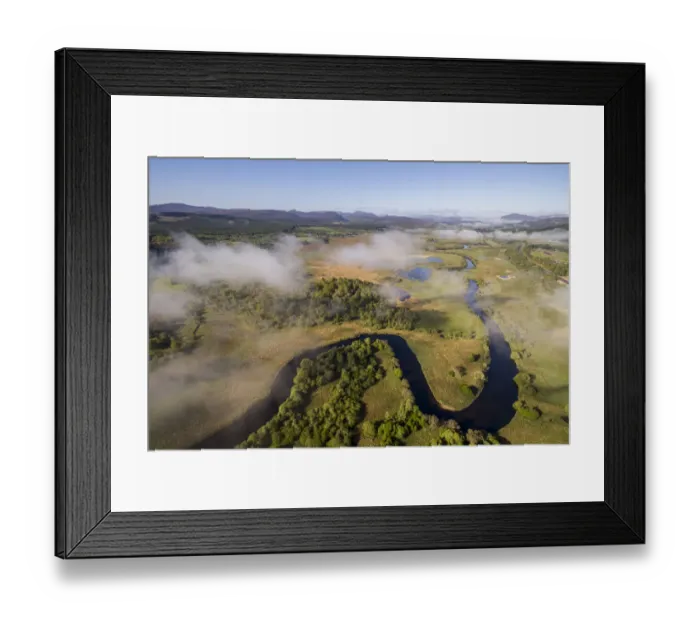 Framed Print : Aerial view of low cloud over the River Spey meandering through Insh marshes, Cairngorms National Park, Scotland, UK. May, 2017 Framed Print : Aerial view of low cloud over the River Spey meandering through Insh marshes, Cairngorms National Park, Scotland, UK. May, 2017