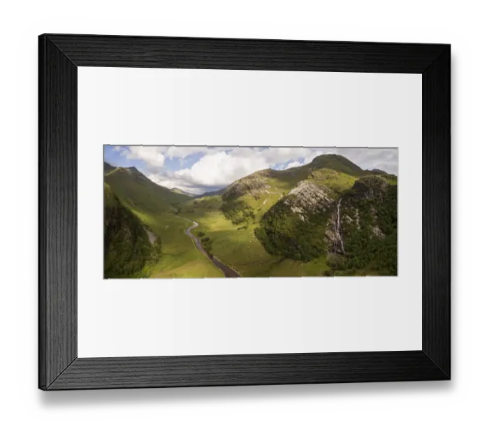 Framed Print : Aerial view of Steall waterfall lined by Birch (Betula pendula) woodland and river running through Glen Nevis, Highlands, Scotland, UK. June, 2018 Framed Print : Aerial view of Steall waterfall lined by Birch (Betula pendula) woodland and river running through Glen Nevis, Highlands, Scotland, UK. June, 2018