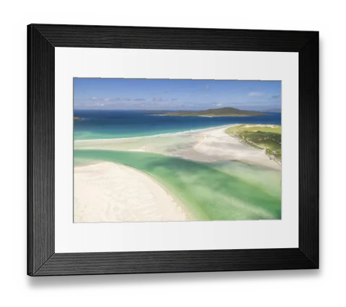 Framed Print : Aerial view of aquamarine water and Luskentyre white sand beach in summer, Isle of Harris, Outer Hebrides, Scotland, UK. August, 2018 Framed Print : Aerial view of aquamarine water and Luskentyre white sand beach in summer, Isle of Harris, Outer Hebrides, Scotland, UK. August, 2018