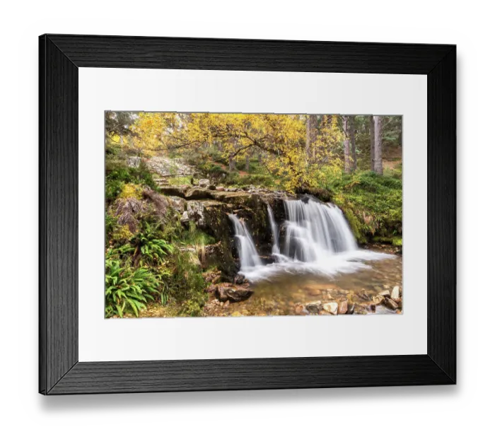 Framed Print : Allt Fhearnagan waterfall in autumnal woodland, Glenfeshie, Cairngorms National Park, Scotland, UK. October, 2019 Framed Print : Allt Fhearnagan waterfall in autumnal woodland, Glenfeshie, Cairngorms National Park, Scotland, UK. October, 2019