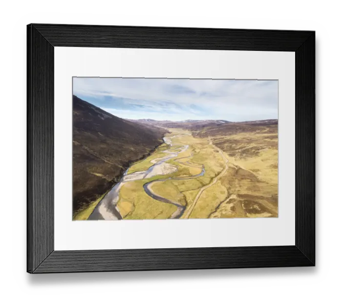 Framed Print : Aerial view of the upper River Dulnain running through open moorland, Monadhliath mountains, Highlands, Scotland, UK. May, 2020 Framed Print : Aerial view of the upper River Dulnain running through open moorland, Monadhliath mountains, Highlands, Scotland, UK. May, 2020