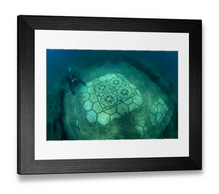 Framed Print : Scuba diver exploring splendid ancient Roman tessellatum mosaic in black and white decorated with pattern of hexagons, perfectly preserved, in Villa a Protiro. Marine Protected Area of Baia, Naples, Italy. Tyrrhenian sea. S Framed Print : Scuba diver exploring splendid ancient Roman tessellatum mosaic in black and white decorated with pattern of hexagons, perfectly preserved, in Villa a Protiro. Marine Protected Area of Baia, Naples, Italy. Tyrrhenian sea. S