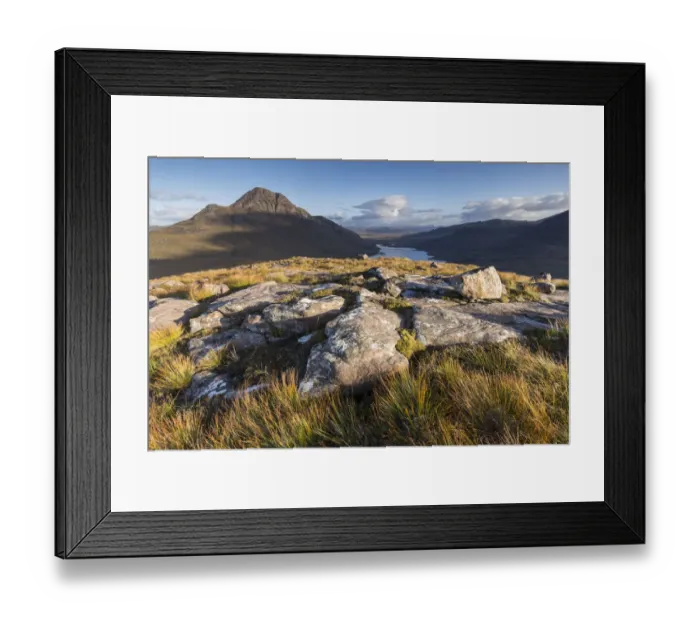 Framed Print : Cul Beag mountain and loch in evening light from Stac Pollaidh, Coigach, Scotland, UK. September, 2017 Framed Print : Cul Beag mountain and loch in evening light from Stac Pollaidh, Coigach, Scotland, UK. September, 2017