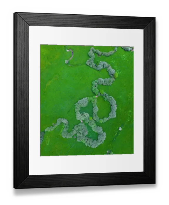 Framed Print : Aerial view of the Izarilla River meandering across countryside lined with trees, Villaescusa, Cantabria, Spain. May Framed Print : Aerial view of the Izarilla River meandering across countryside lined with trees, Villaescusa, Cantabria, Spain. May