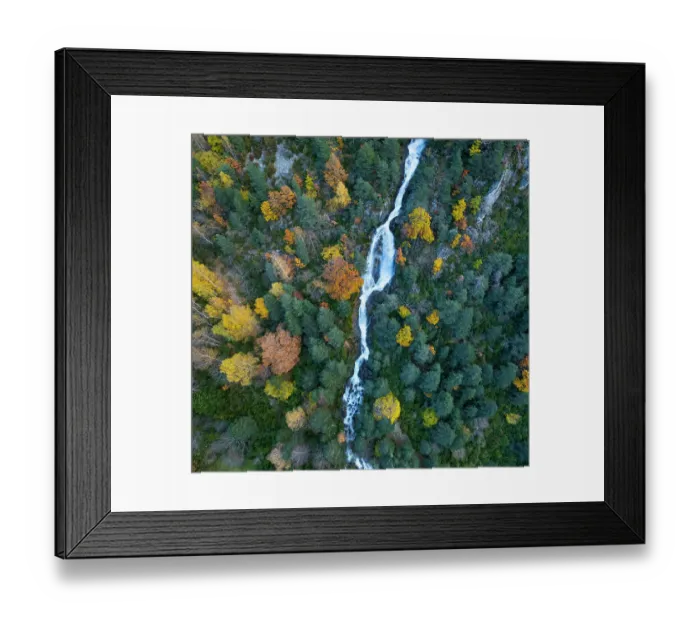 Framed Print : Aerial view of waterfall in the Urdiceto Ravine surrounded by mixed autumnal forest, Pyrenees Mountains, Aragon, Spain. November Framed Print : Aerial view of waterfall in the Urdiceto Ravine surrounded by mixed autumnal forest, Pyrenees Mountains, Aragon, Spain. November