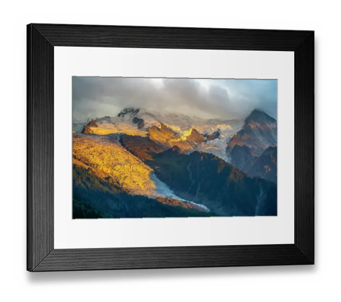 Framed Print : Aiguille De La Gliere and Aiguille de la Floria mountians, with sunset light on alpine glaciers, Chamonix, French Alps. July Framed Print : Aiguille De La Gliere and Aiguille de la Floria mountians, with sunset light on alpine glaciers, Chamonix, French Alps. July